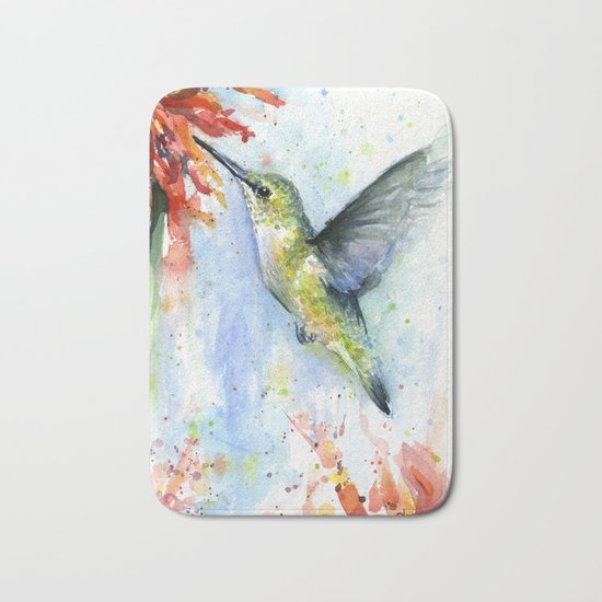 Hummingbird Red Flower Watercolor Bird Bath Mat