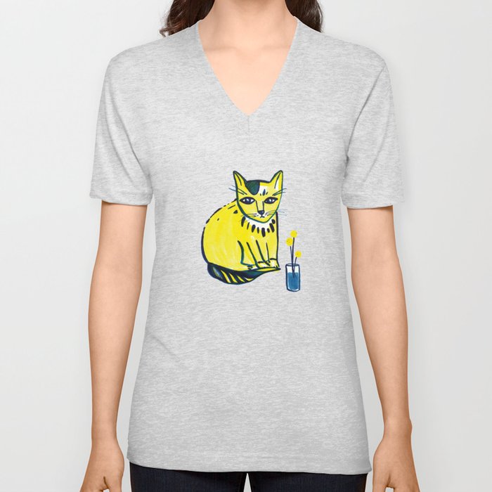 Yellow Cat with Craspedia V Neck T Shirt