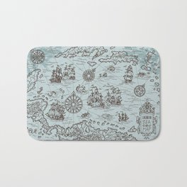 Old map of the Caribbean Sea with pirate ships, treasure islands, fantasy creatures. Pirate adventures, treasure hunt and old transportation concept. Hand drawn vintage illustration, vintage background Bath Mat