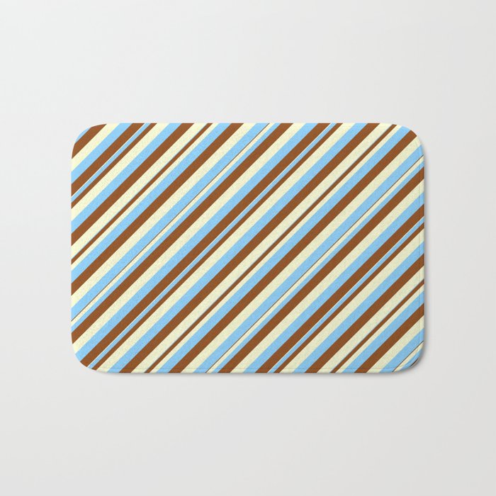Light Yellow, Light Sky Blue & Brown Colored Pattern of Stripes Bath Mat