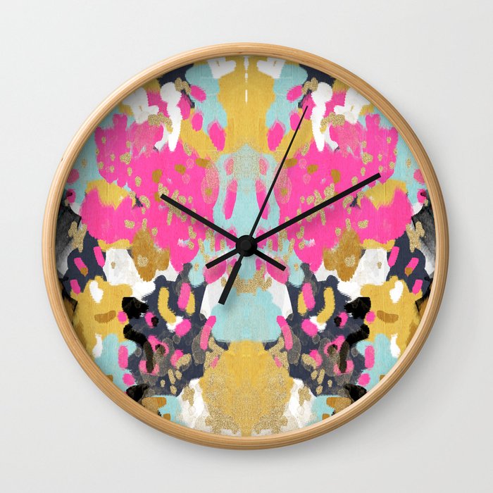 Laurel - Abstract painting in a free style with bold colors gold, navy, pink, blush, white, turquois Wall Clock