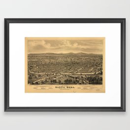 Vintage Bird's Eye Map Illustration - Santa Rosa, Sonoma County, California (1876) Framed Art Print | Old, View, Cartography, Classic, California, Graphicdesign, Historic, Vintage, City, Antique 
