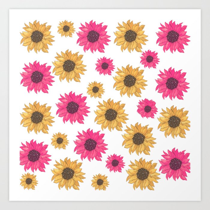 Yellow and Pink Vintage Sunflowers Art Print