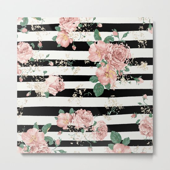 VINTAGE FLORAL ROSES BLACK AND WHITE STRIPES Metal Print
