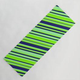 [ Thumbnail: Midnight Blue, Green & Chartreuse Colored Lined/Striped Pattern Yoga Mat ]