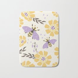 Honey Bees and Flowers - Yellow and Lavender Purple Bath Mat