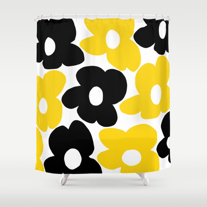 Large Yellow and Black Retro Flowers White Background #decor #society6 #buyart Shower Curtain