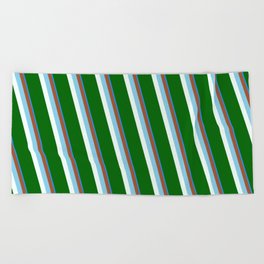 [ Thumbnail: Eyecatching Blue, Sienna, Sky Blue, Mint Cream & Dark Green Colored Stripes/Lines Pattern Beach Towel ]