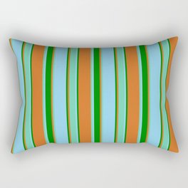 [ Thumbnail: Chocolate, Aquamarine, Sky Blue & Green Colored Stripes Pattern Rectangular Pillow ]