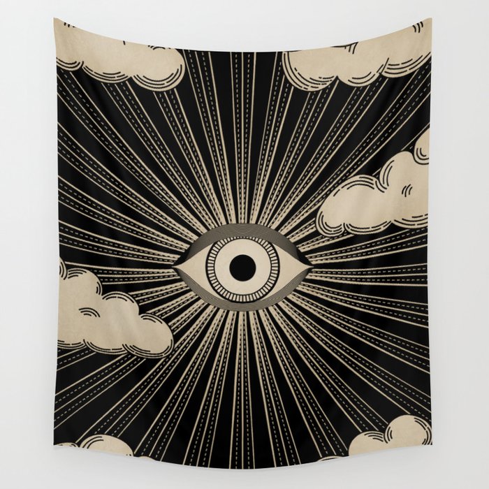 Radiant eye minimal sky with clouds - black and gold Wall Tapestry