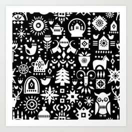 Scandi Christmas Pattern Black And White Art Print