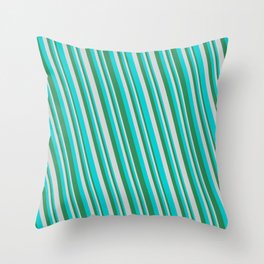 [ Thumbnail: Sea Green, Light Gray & Dark Turquoise Colored Stripes/Lines Pattern Throw Pillow ]