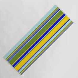 [ Thumbnail: Colorful Powder Blue, Green, Yellow, Slate Gray & Blue Colored Striped Pattern Yoga Mat ]