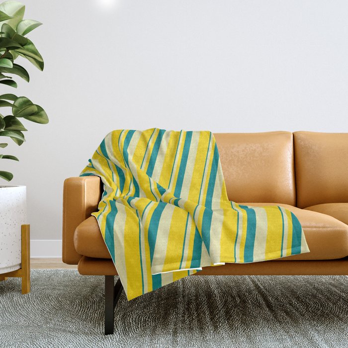 Teal, Pale Goldenrod & Yellow Colored Lines Pattern Throw Blanket