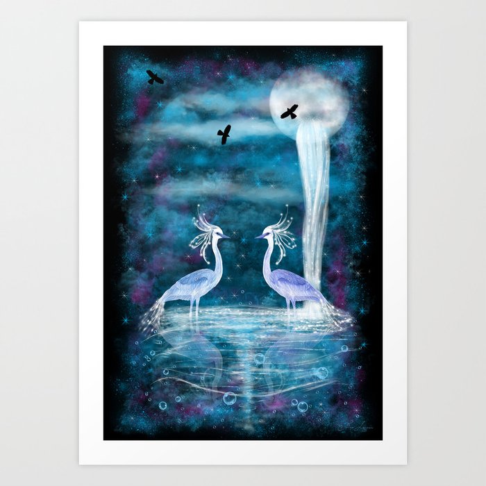 Mystical scene with two herons and waterfall from a planet Art Print
