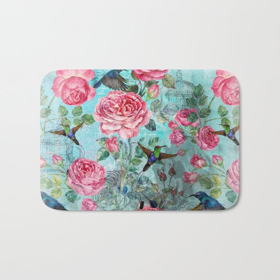 Vintage Watercolor hummingbird and English Roses on aqua Background Bath Mat
