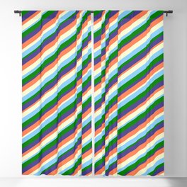[ Thumbnail: Coral, Light Yellow, Light Sky Blue, Green & Dark Slate Blue Colored Lined/Striped Pattern Blackout Curtain ]