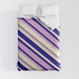 [ Thumbnail: Blue, Plum, and Light Yellow Colored Lines Pattern Duvet Cover ]