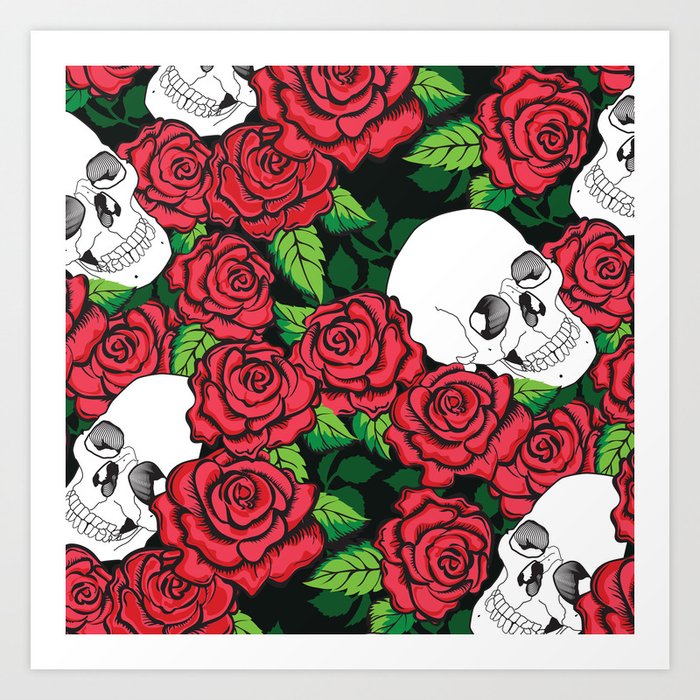 Skull and Red Roses Art Print