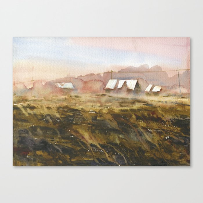 Barns in misty landscape painting.  Landscape watercolor painting fine art land Canvas Print