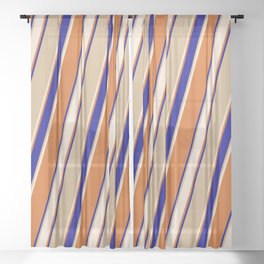 [ Thumbnail: Tan, Beige, Chocolate & Dark Blue Colored Lines Pattern Sheer Curtain ]