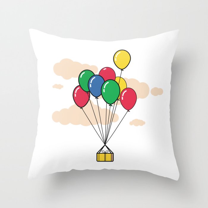 Gift box tied to balloons floating in the sky Throw Pillow