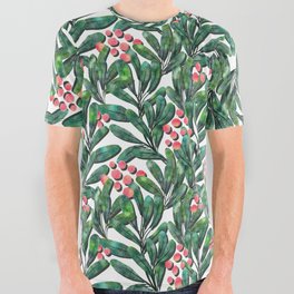 Botanical watercolor illustration pattern, green leaves and red berries All Over Graphic Tee