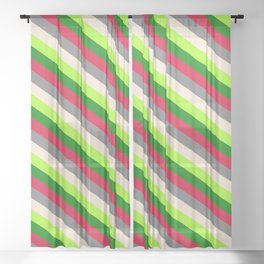 [ Thumbnail: Colorful Gray, Beige, Light Green, Green, and Crimson Colored Stripes Pattern Sheer Curtain ]