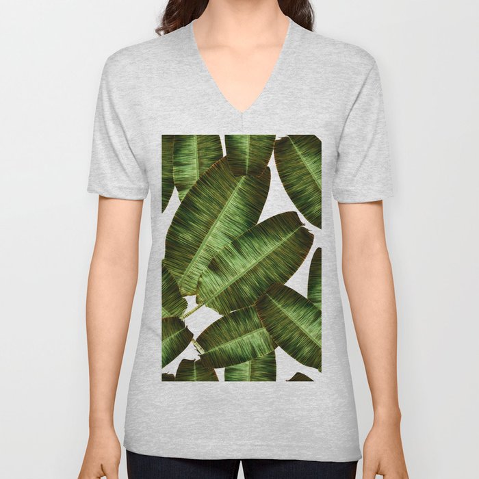 Tropical banana leaves, jungle leaf seamless floral pattern white background. Artistic palms pattern with seamless repeating design. Pattern summer V Neck T Shirt