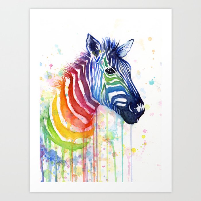 Zebra Rainbow Watercolor Whimsical Animal Art Print