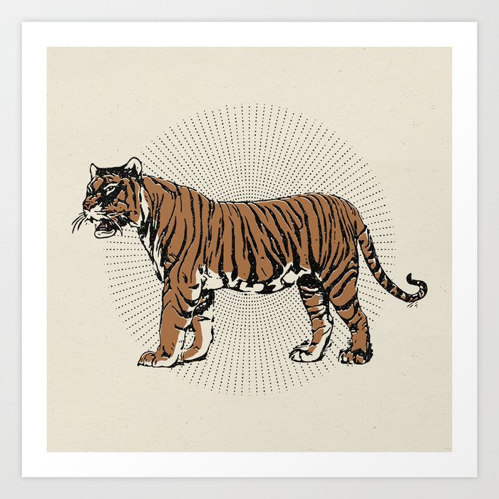 STAND STILL TIGER Minimalist Modern and Vintage Illustration Design of a Burnt Orange Wild Cat Sun Art Print
