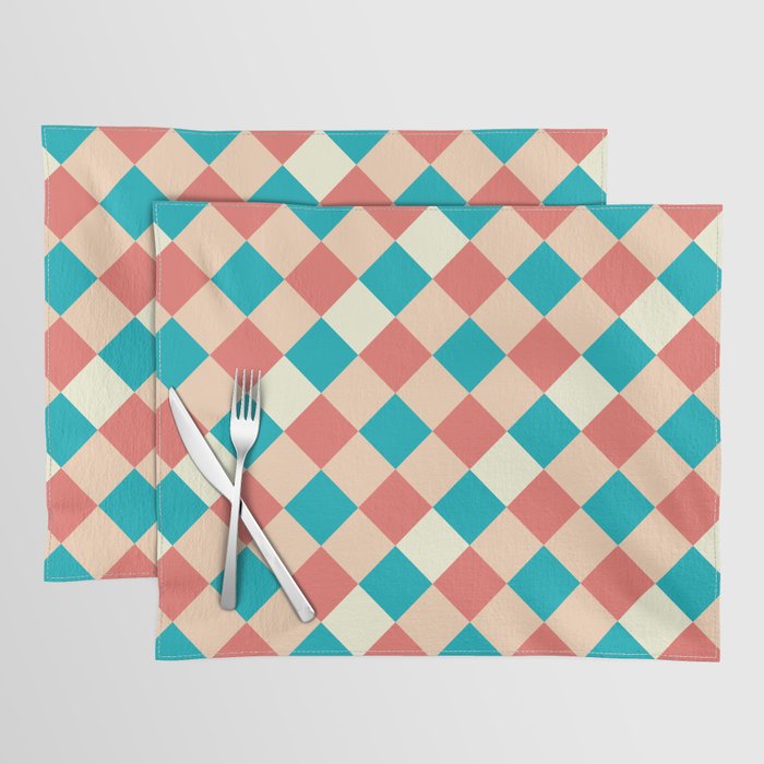 Red Beige Yellow Blue Large Diagonal French Checkered Pattern Placemat