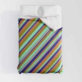[ Thumbnail: Eyecatching Dark Grey, Blue, Chocolate, Green, and Aquamarine Colored Striped Pattern Comforter ]