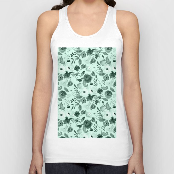 Botanical Pastel Mint Green Watercolor Hand Painted Floral Tank Top