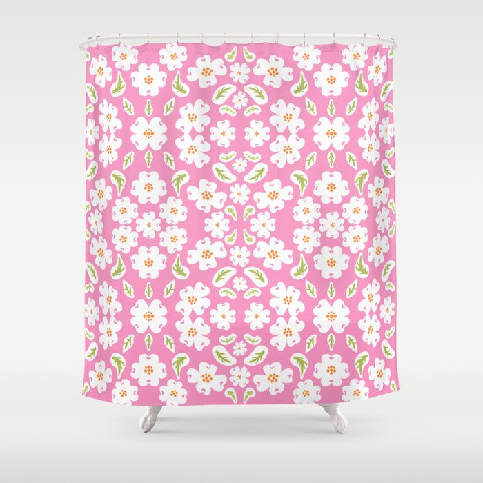 Mid-Century Modern Dogwood Flowers Bloom Pink Shower Curtain