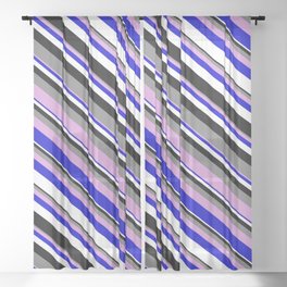 [ Thumbnail: Colorful Grey, Plum, Blue, White, and Black Colored Lined Pattern Sheer Curtain ]