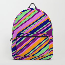 [ Thumbnail: Colorful Light Green, Purple, Violet, Orange & Dark Blue Colored Lines/Stripes Pattern Backpack ]