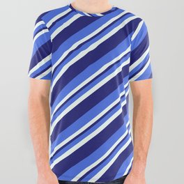 [ Thumbnail: Royal Blue, Mint Cream & Midnight Blue Colored Striped Pattern All Over Graphic Tee ]