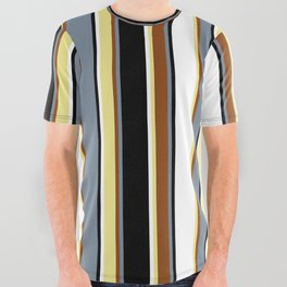 [ Thumbnail: Eyecatching Light Slate Gray, Brown, Tan, White & Black Colored Lines/Stripes Pattern All Over Graphic Tee ]