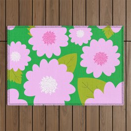 Cheerful Pink Summer Flowers On Kelly Green Outdoor Rug