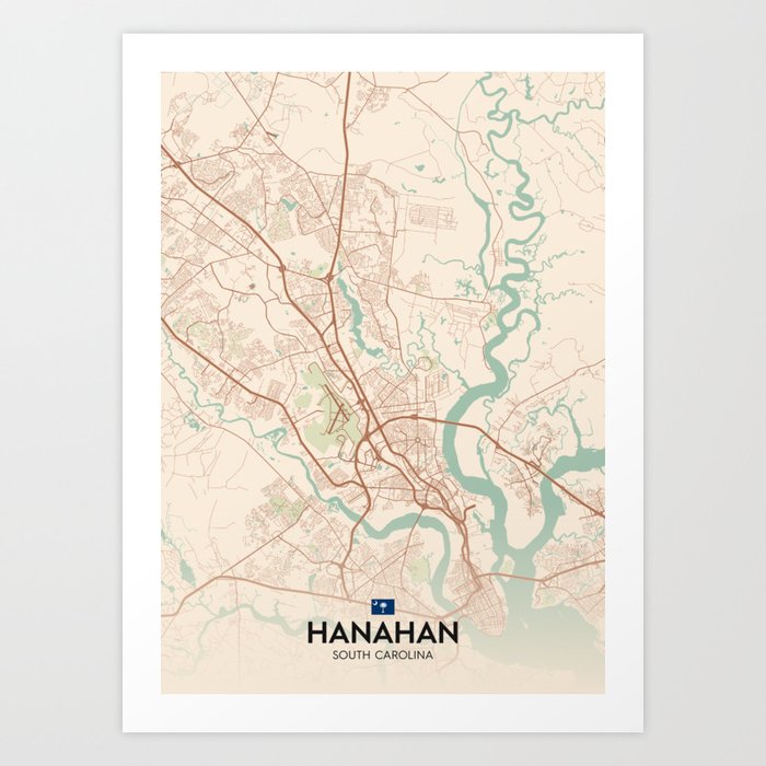 Hanahan, South Carolina, United States Vintage City Map Art Print by