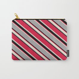 [ Thumbnail: Crimson, Beige, Dark Grey, and Black Colored Lined/Striped Pattern Carry-All Pouch ]