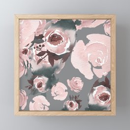 Pink Roses Grey Floral Framed Mini Art Print