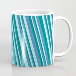 [ Thumbnail: Turquoise, Teal, and Blue Colored Lined/Striped Pattern Coffee Mug ]