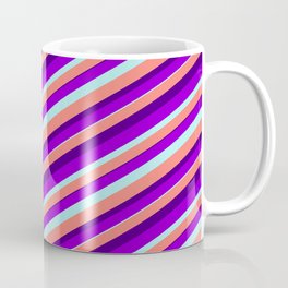 [ Thumbnail: Dark Violet, Turquoise, Salmon, and Indigo Colored Lined Pattern Coffee Mug ]
