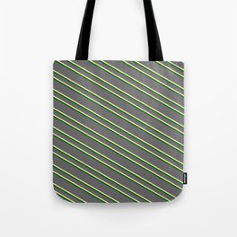 [ Thumbnail: Dim Grey, Beige & Dark Green Colored Striped/Lined Pattern Tote Bag ]