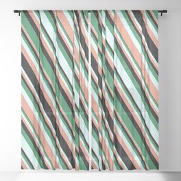 [ Thumbnail: Sea Green, Light Cyan, Dark Salmon, and Black Colored Striped/Lined Pattern Sheer Curtain ]