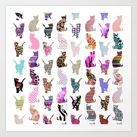 Girly Whimsical Cats aztec floral stripes pattern Art Print