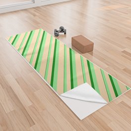 [ Thumbnail: Tan, Light Green, and Green Colored Lined/Striped Pattern Yoga Towel ]