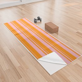 [ Thumbnail: Light Pink & Dark Orange Colored Stripes Pattern Yoga Towel ]